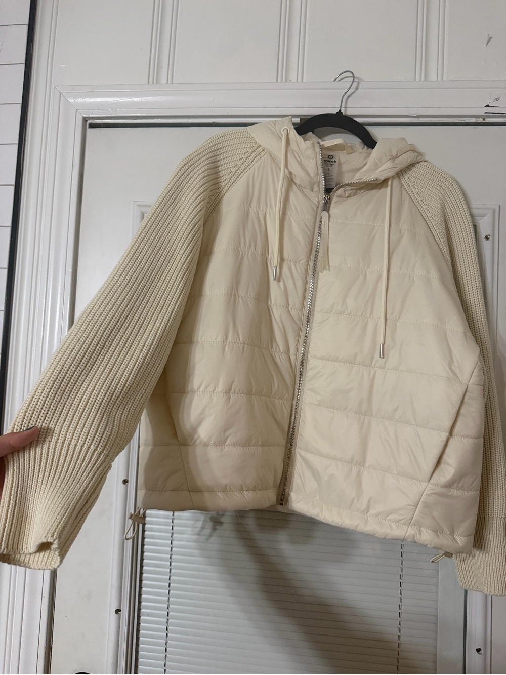 Mono B Cream Hooded Hybrid Puffer with Knit Sleeves